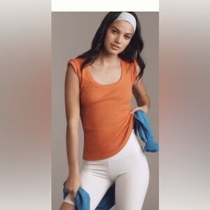 Pilcro Scoop Neck Cap Sleeve Top in Rust